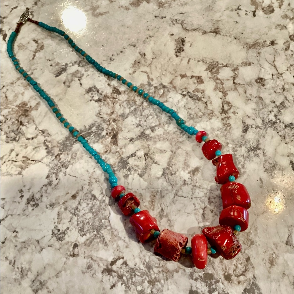 Vibrant Red Coral and Turquoise Beaded Necklace